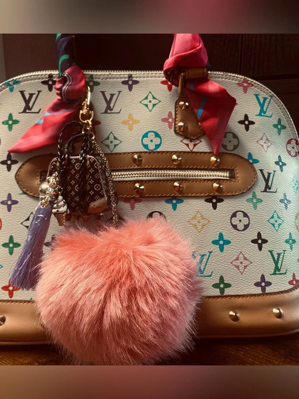 Purse charm mini Satchel with Pink Fur Pompom - Picture 1 of 5